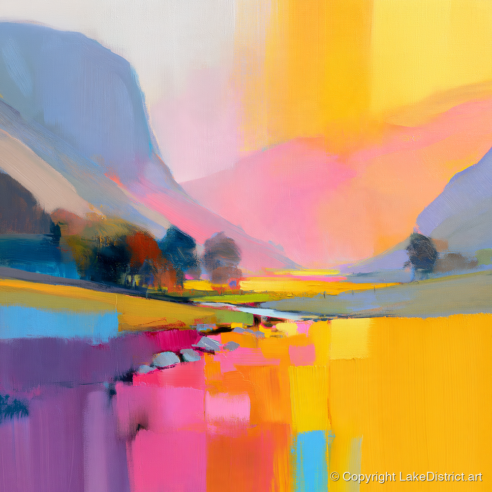 Vivid Pink Lakeland Valley Beck - lake district valley art print and canvas by Imogen Tate A.I
