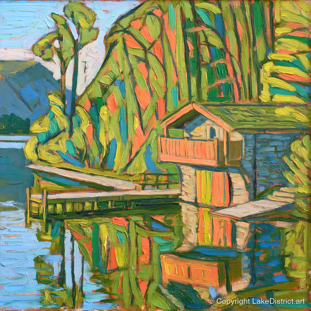 Vivid Pooley Bridge Boathouse - lake district village art print and canvas by Mirabel Carlyle A.I