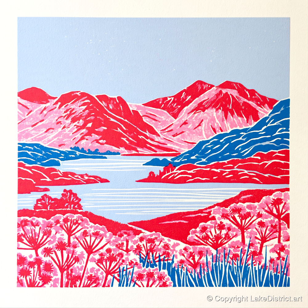 Vivid Red Fells and Lake - lake district lake art print and canvas by Christopher Seaton A.I
