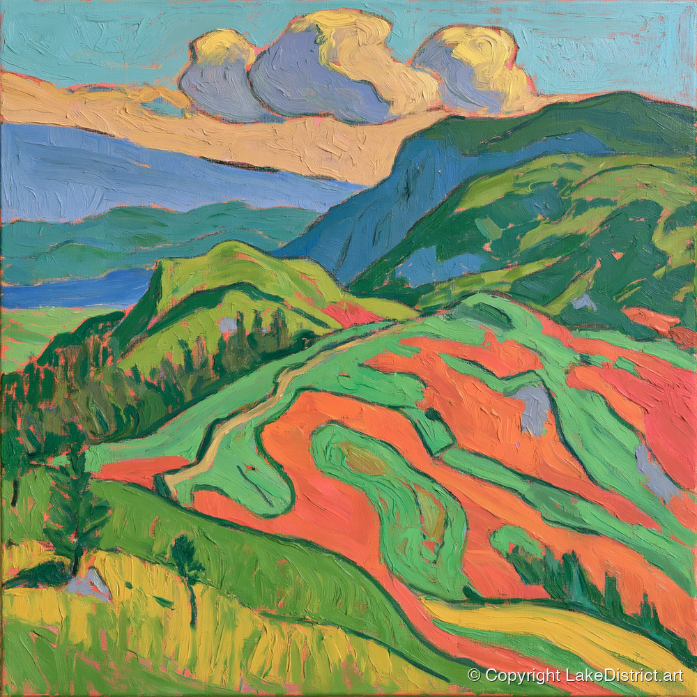 Vivid Rolling Fells Under Cloud - lake district fell art print and canvas by Mirabel Carlyle A.I