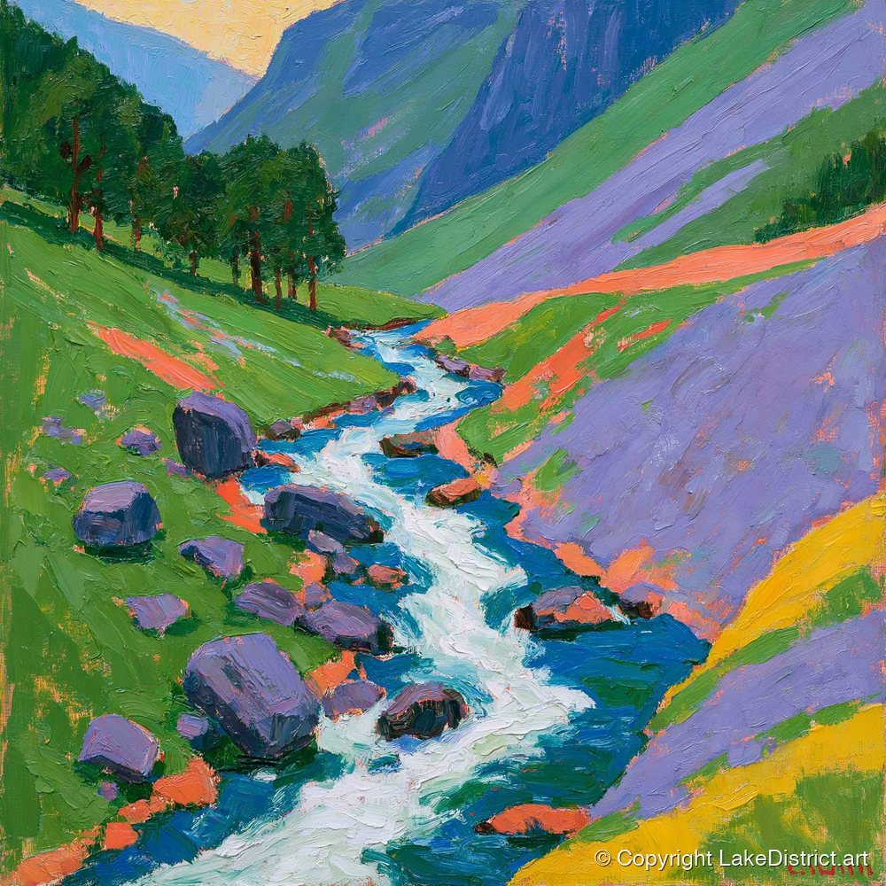 Vivid Rushing Fellside Beck - lake district waterfall art print and canvas by Marshall Davies A.I