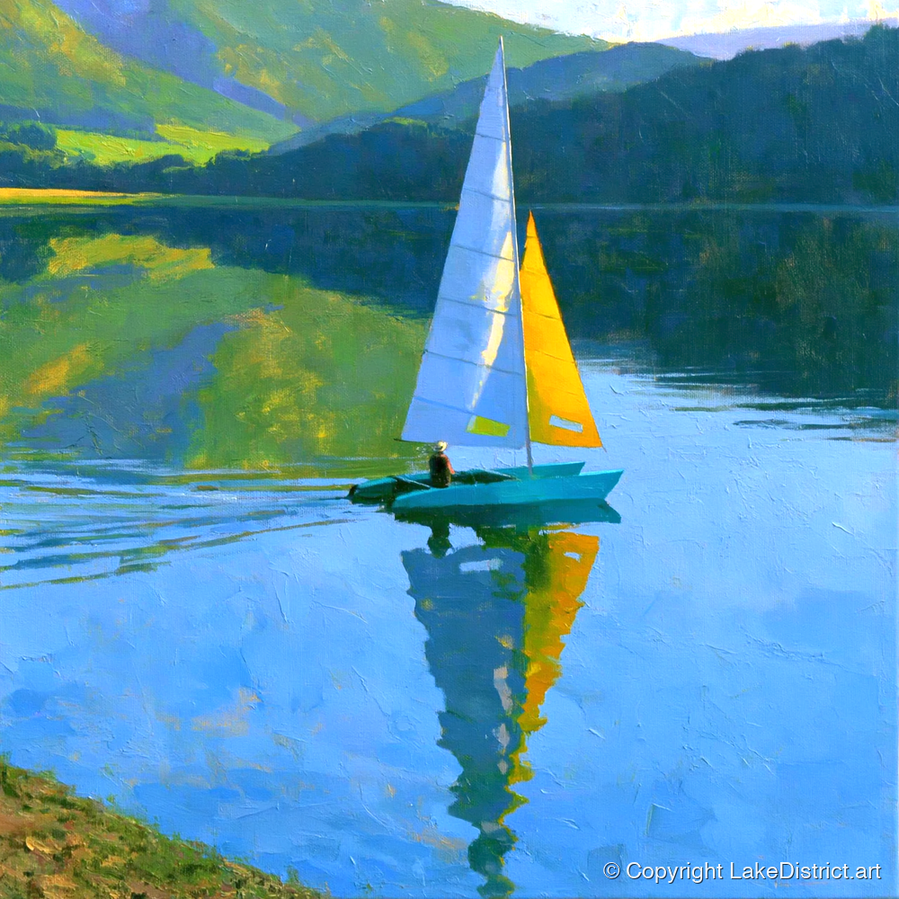 Vivid Sails on a Breezy Lake - lake district walking art print and canvas by Daphne Morley A.I
