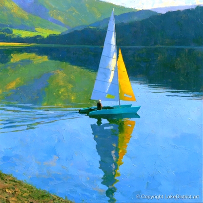 Vivid Sails on a Breezy Lake - lake district walking art print and canvas by Daphne Morley A.I