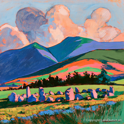 Vivid Standing Stones Below Blencathra - lake district fell art print and canvas by Gideon Wright A.I