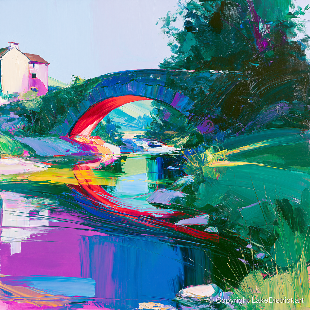 Vivid Stone Bridge Over Beck - lake district waterfall art print and canvas by Julian Mercer A.I