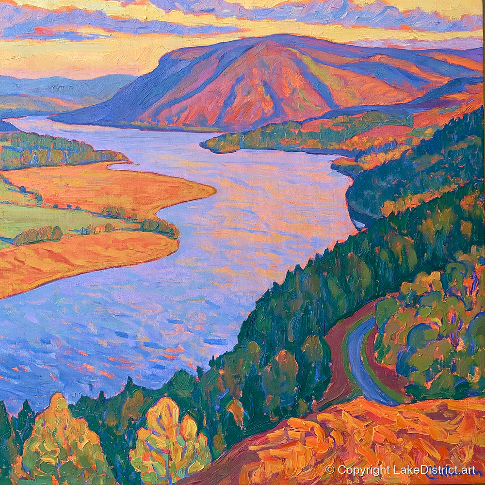 Vivid Sunset Above Bassenthwaite Lake - lake district lake art print and canvas by Celia Harding A.I