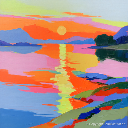 Vivid Sunset Over the Water - lake district lake art print and canvas by Desmond Locke A.I