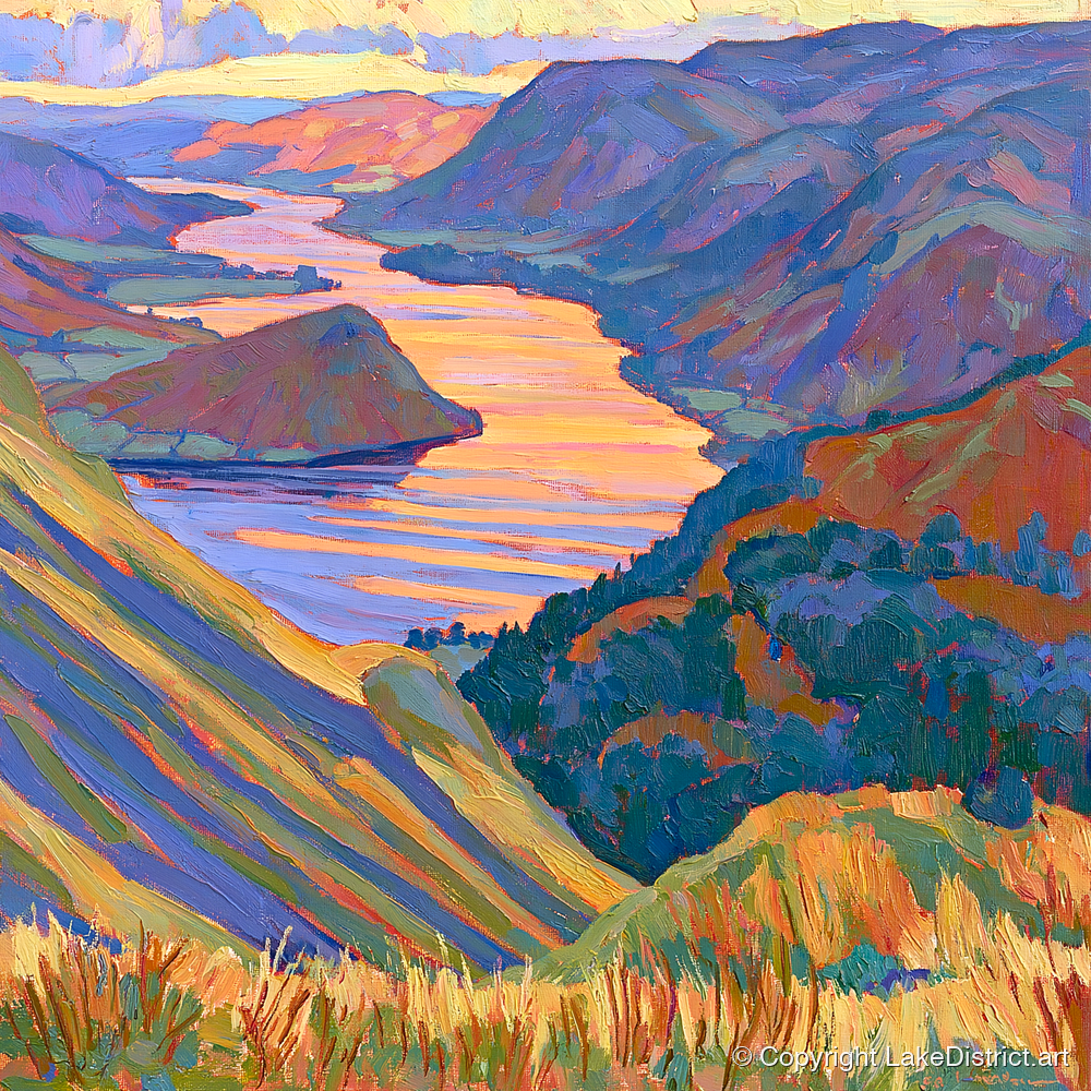 Vivid Sunset Over Ullswater - lake district lake art print and canvas by Celia Harding A.I