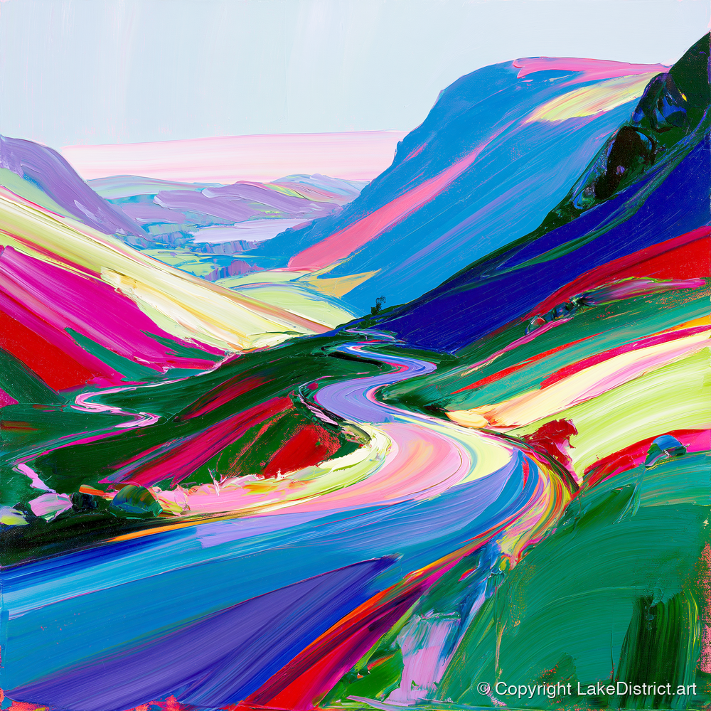 Vivid Sweeping Mountain Pass - lake district valley art print and canvas by Julian Mercer A.I