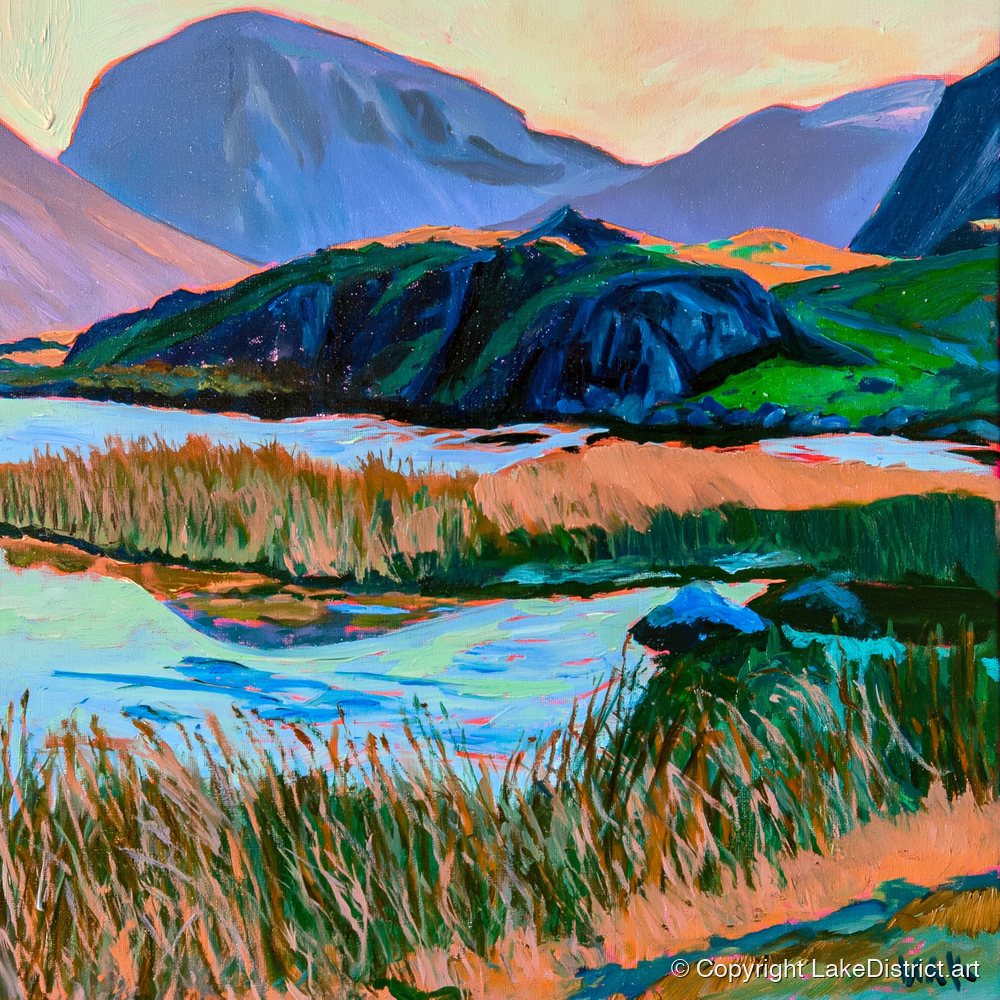 Vivid Tarn Beneath Haystacks - lake district fell art print and canvas by Gideon Wright A.I
