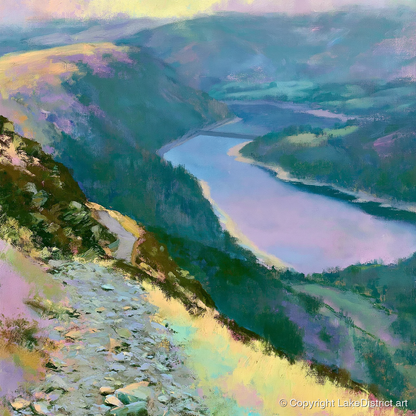 Vivid Thirlmere From Helvellyn Path - lake district lake art print and canvas by Desmond Fairfax A.I