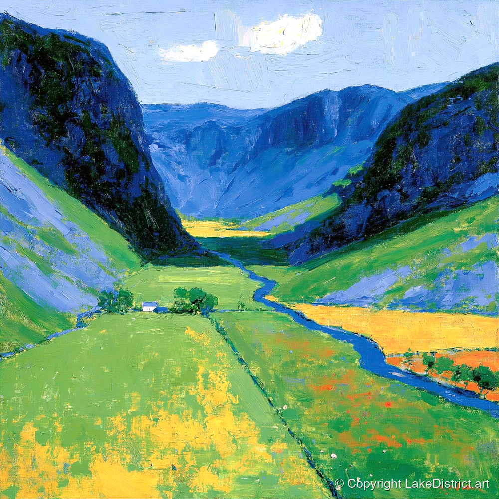 Vivid Valley Beneath Blue Fells - lake district valley art print and canvas by Hugo Beckett A.I