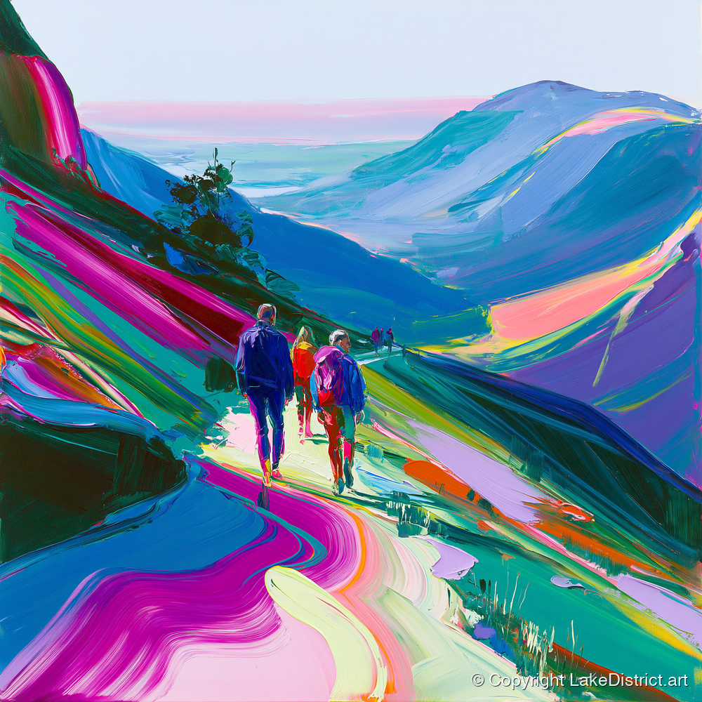 Vivid Walkers on a Mountain Path - lake district walking art print and canvas by Julian Mercer A.I