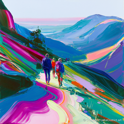 Vivid Walkers on a Mountain Path - lake district walking art print and canvas by Julian Mercer A.I