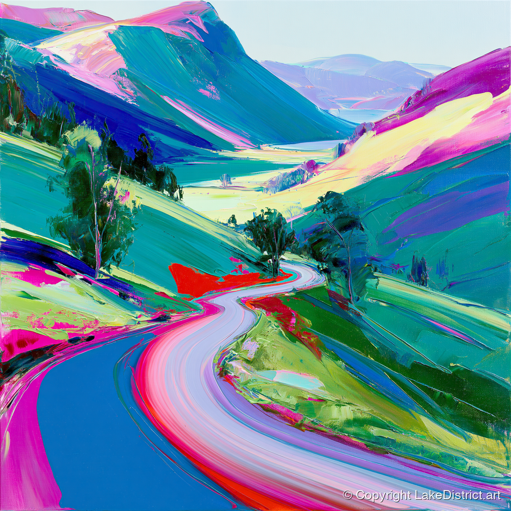 Vivid Winding Mountain Pass - lake district valley art print and canvas by Julian Mercer A.I