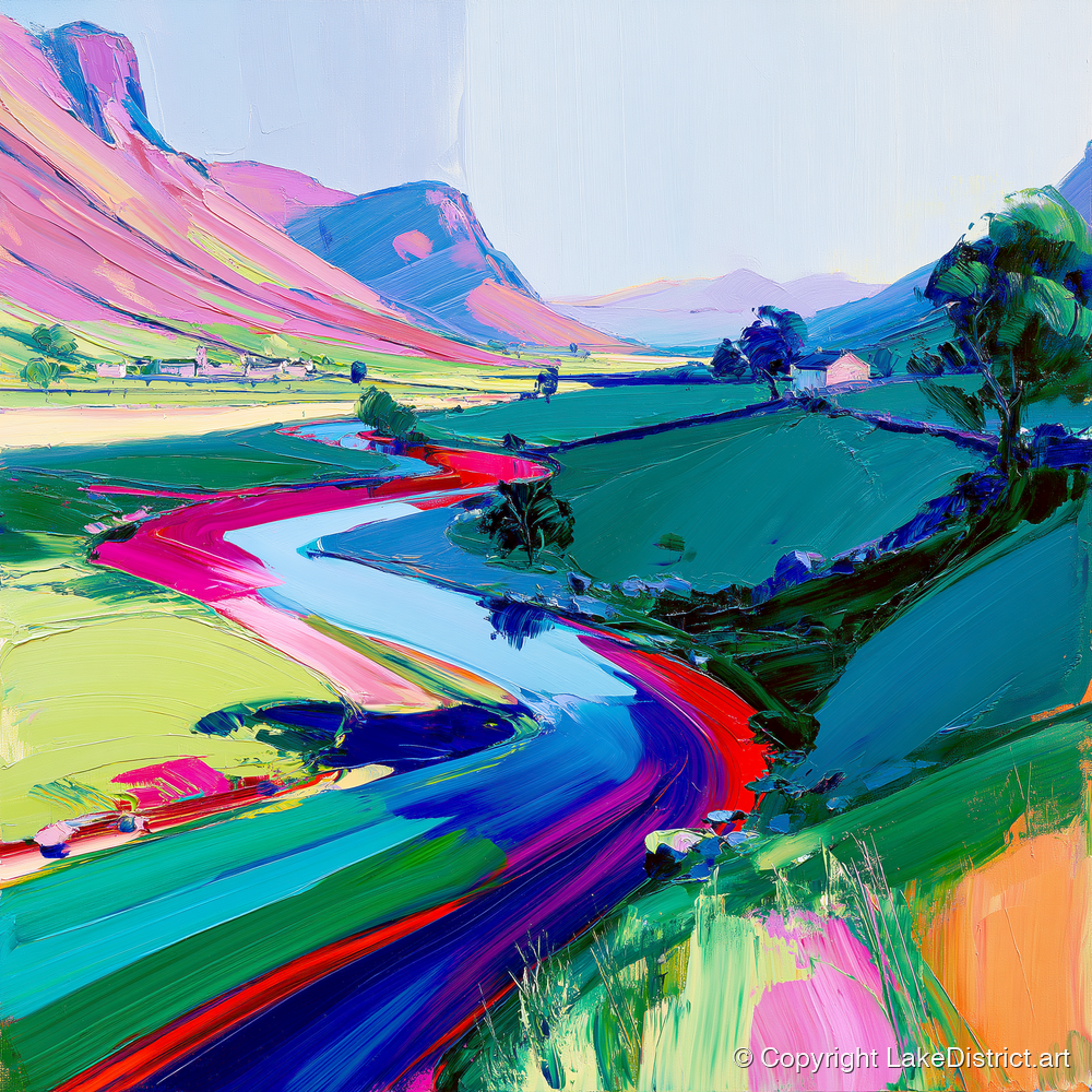Vivid Winding River Through Fells - lake district waterfall art print and canvas by Julian Mercer A.I