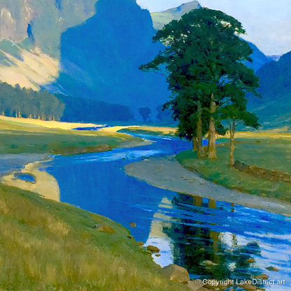 Vivid Winding Valley River - lake district waterfall art print and canvas by Percival Kent A.I