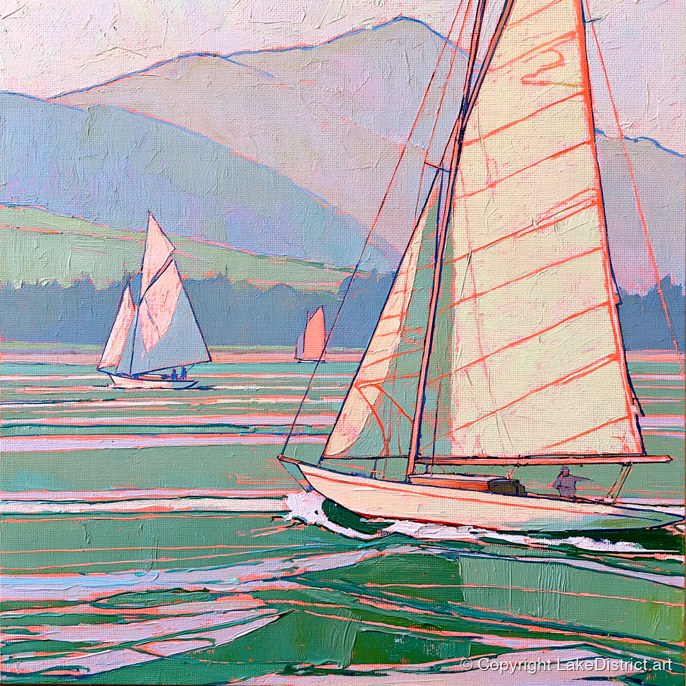 Vivid Yachts on a Breezy Lake - lake district walking art print and canvas by Cedric Montgomery A.I