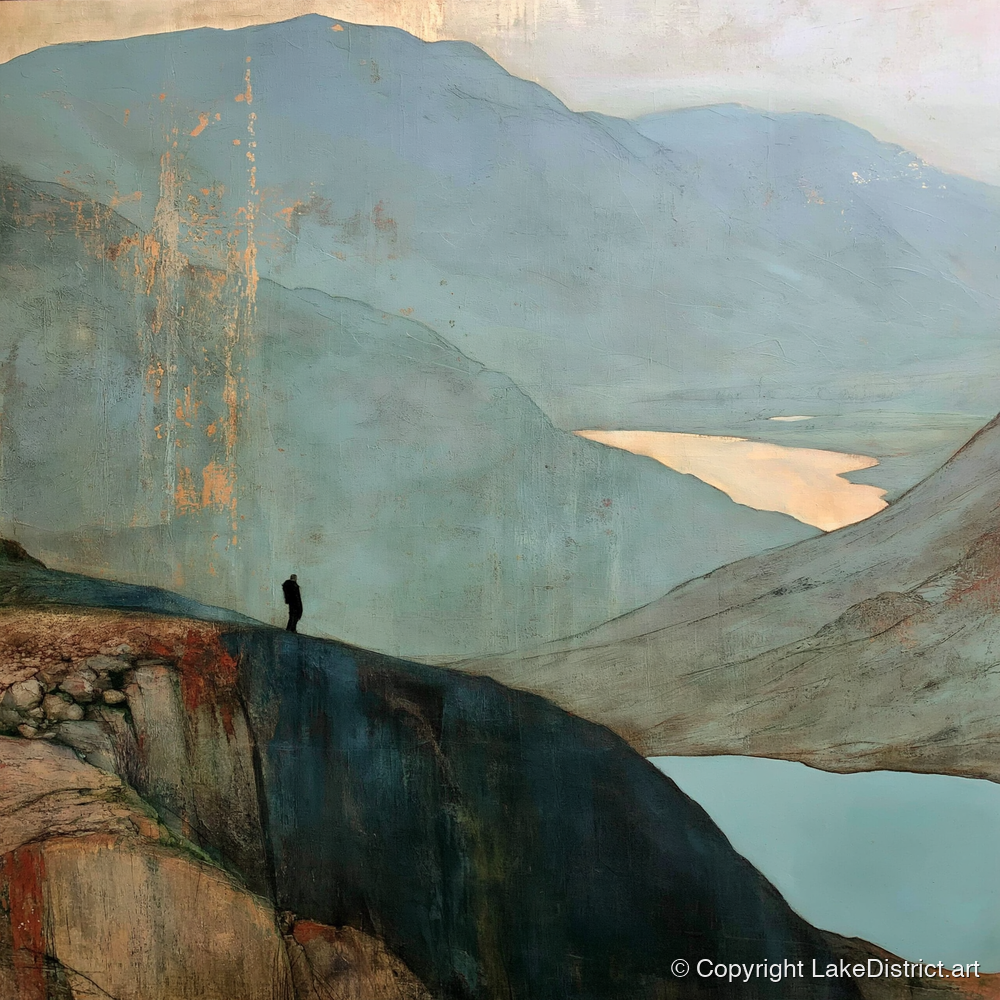 Walker Above Innominate Tarn - lake district fell art print and canvas by Silas Thorne A.I