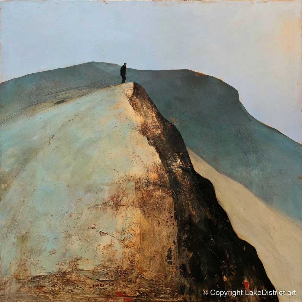 Walker on Golden Striding Edge - lake district walking art print and canvas by Silas Thorne A.I