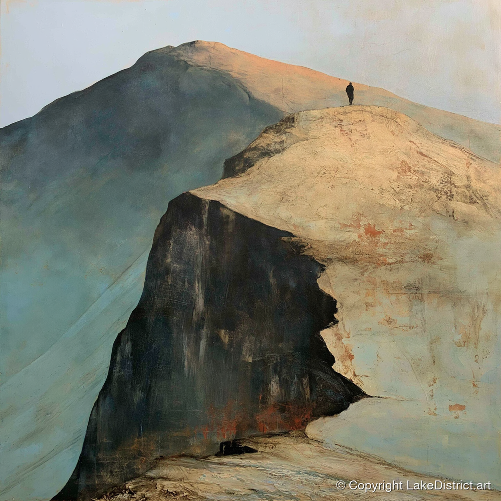 Walker on Striding Edge Helvellyn - lake district walking art print and canvas by Silas Thorne A.I