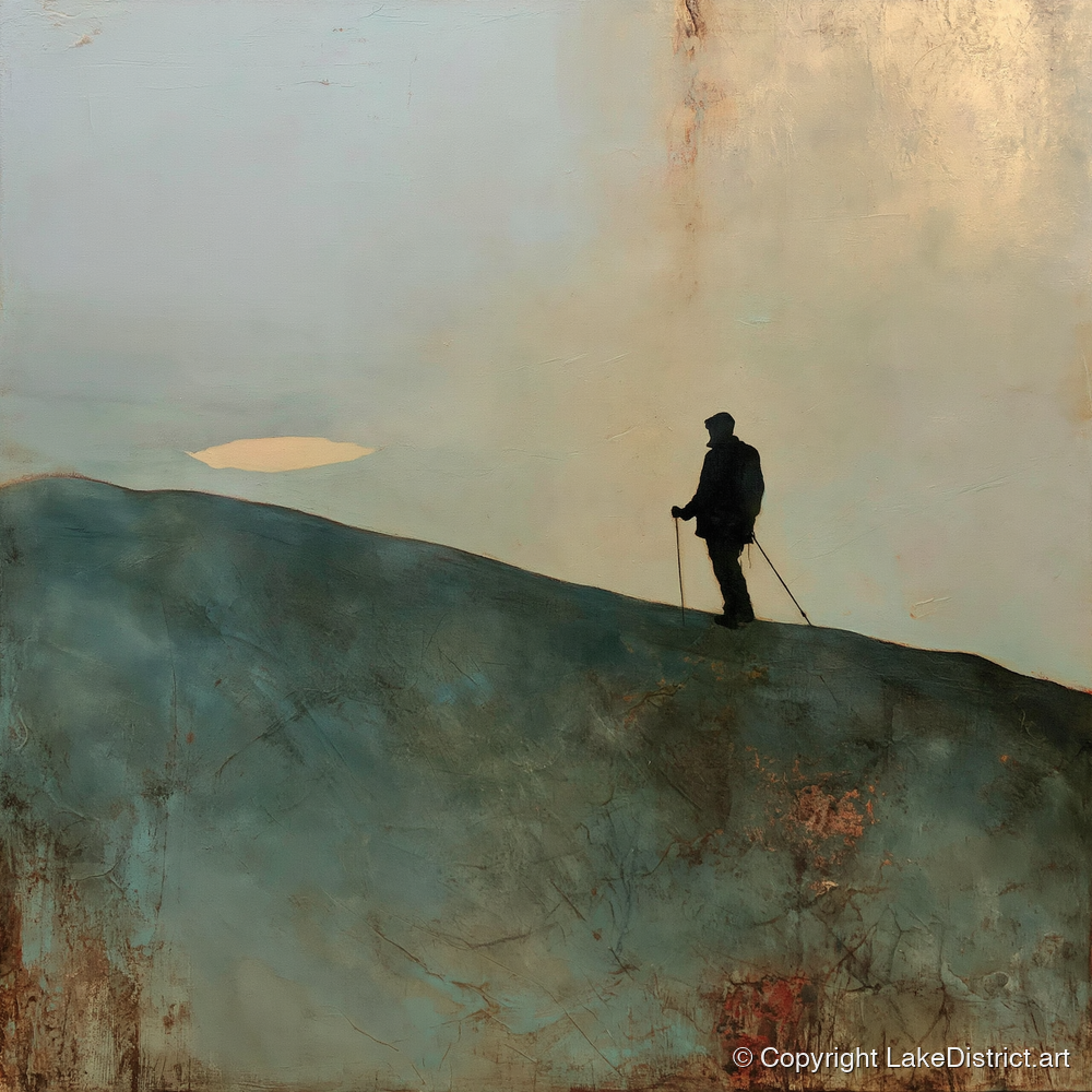 Walker Silhouette on Skiddaw Ridge - lake district fell art print and canvas by Silas Thorne A.I