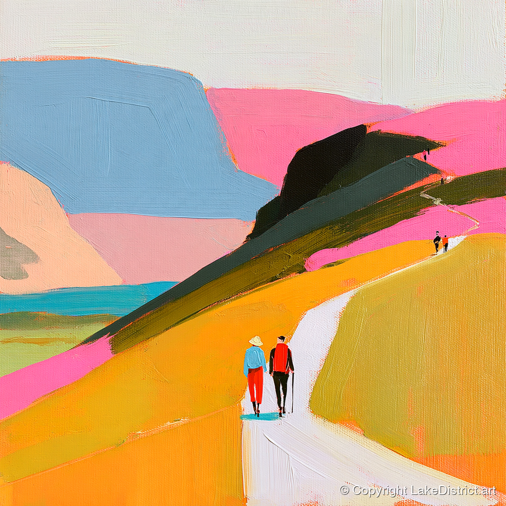 Walkers Ascending Colourful Fells - lake district walking art print and canvas by Genevieve Moore A.I