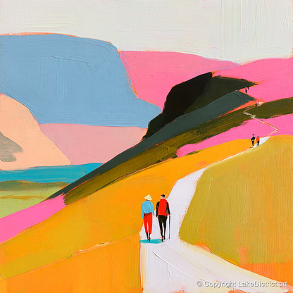 Walkers Ascending Colourful Fells - lake district walking art print and canvas by Genevieve Moore A.I