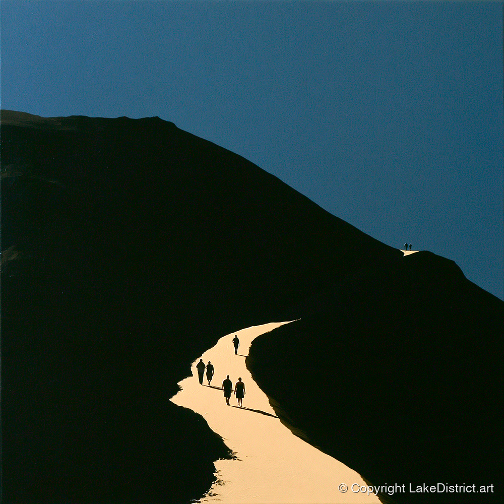 Walkers Ascending Luminous Fell Path - lake district walking art print and canvas by Adelaide Calloway A.I