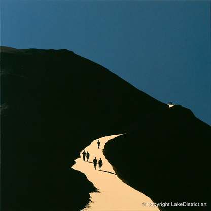 Walkers Ascending Luminous Fell Path - lake district walking art print and canvas by Adelaide Calloway A.I