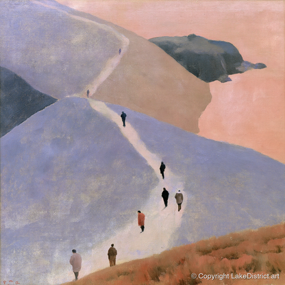 Walkers Ascending the Lavender Fells - lake district walking art print and canvas by Alistair Thorne A.I