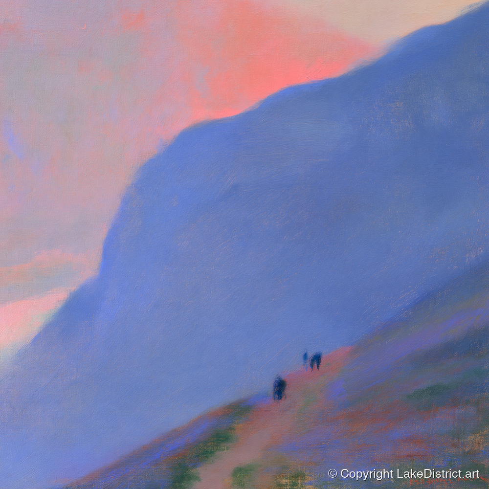 Walkers Ascending the Twilight Fell - lake district walking art print and canvas by Theodore Vance A.I