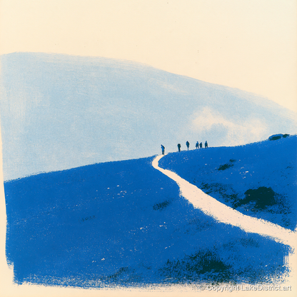 Walkers on a Blue Mountain Path - lake district walking art print and canvas by Jasper Flint A.I