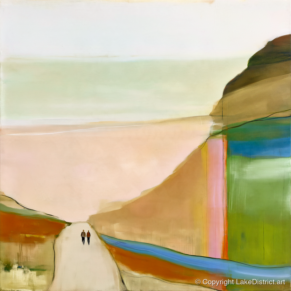 Walkers on a Bold Mountain Path - lake district walking art print and canvas by Eleanor Croft A.I