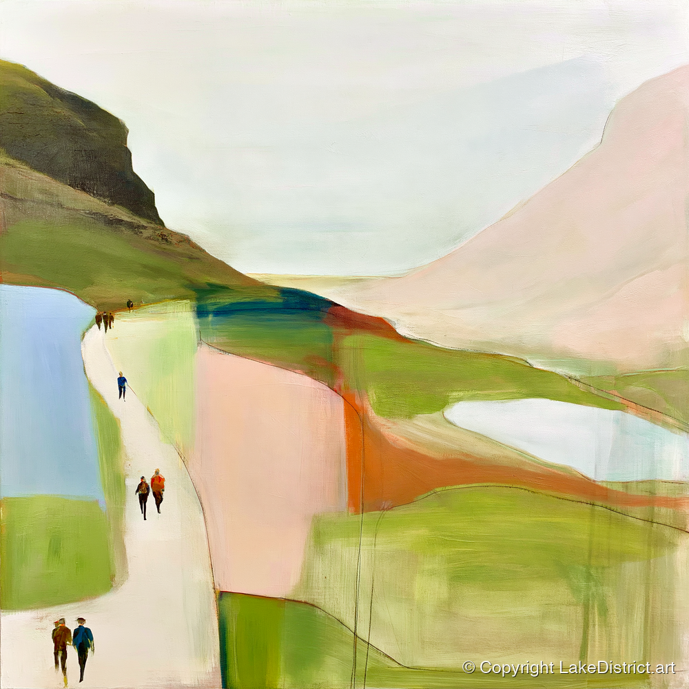 Walkers on a Bright Mountain Path - lake district walking art print and canvas by Eleanor Croft A.I