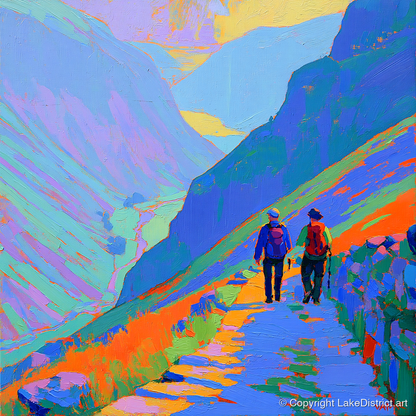 Walkers on a Colourful Mountain Path - lake district walking art print and canvas by Jonathan Crawford A.I
