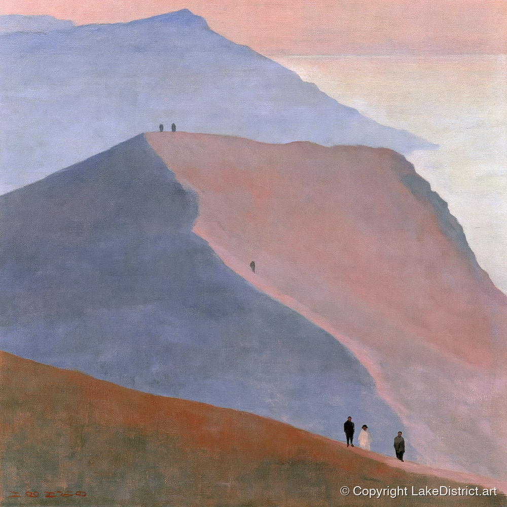 Walkers on a Dusk Ridge - lake district walking art print and canvas by Alistair Thorne A.I