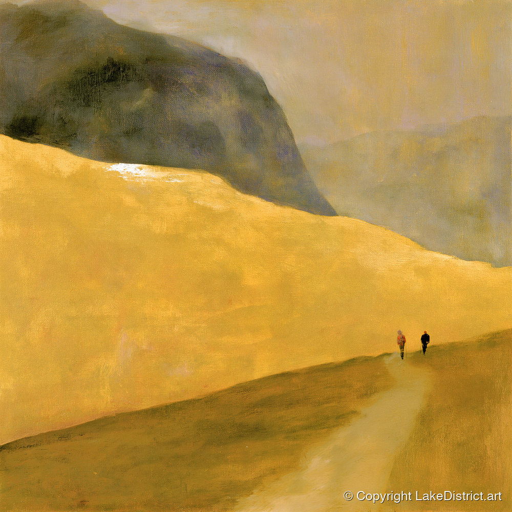 Walkers on a Golden Fell - lake district walking art print and canvas by Vincent Delaney A.I