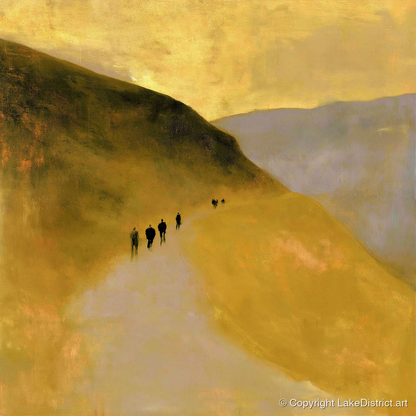 Walkers on a Golden Fell Path - lake district walking art print and canvas by Vincent Delaney A.I