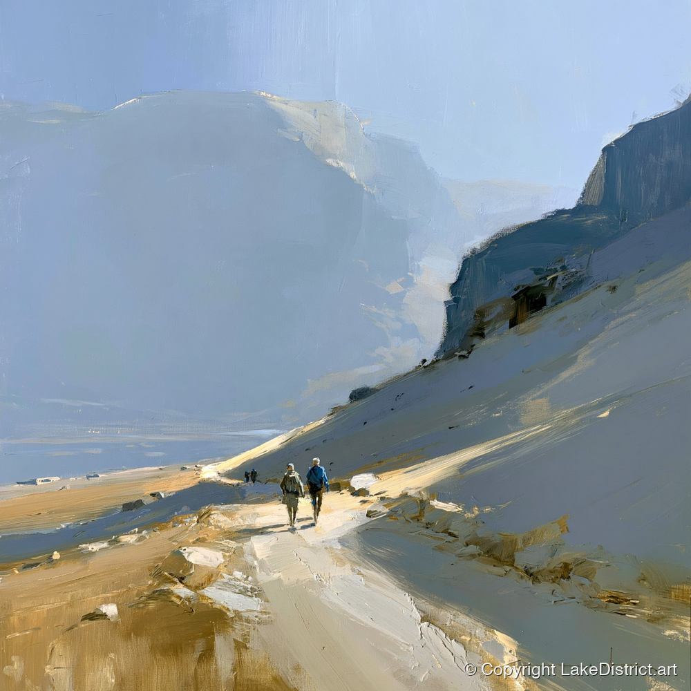 Walkers on a Golden Mountain Path - lake district walking art print and canvas by Elias Thorne A.I