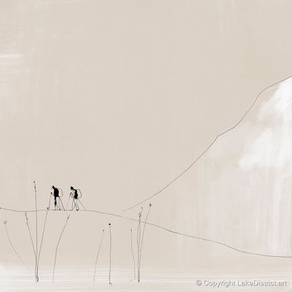 Walkers on a Minimalist Fell - lake district walking art print and canvas by Ellis Calder A.I