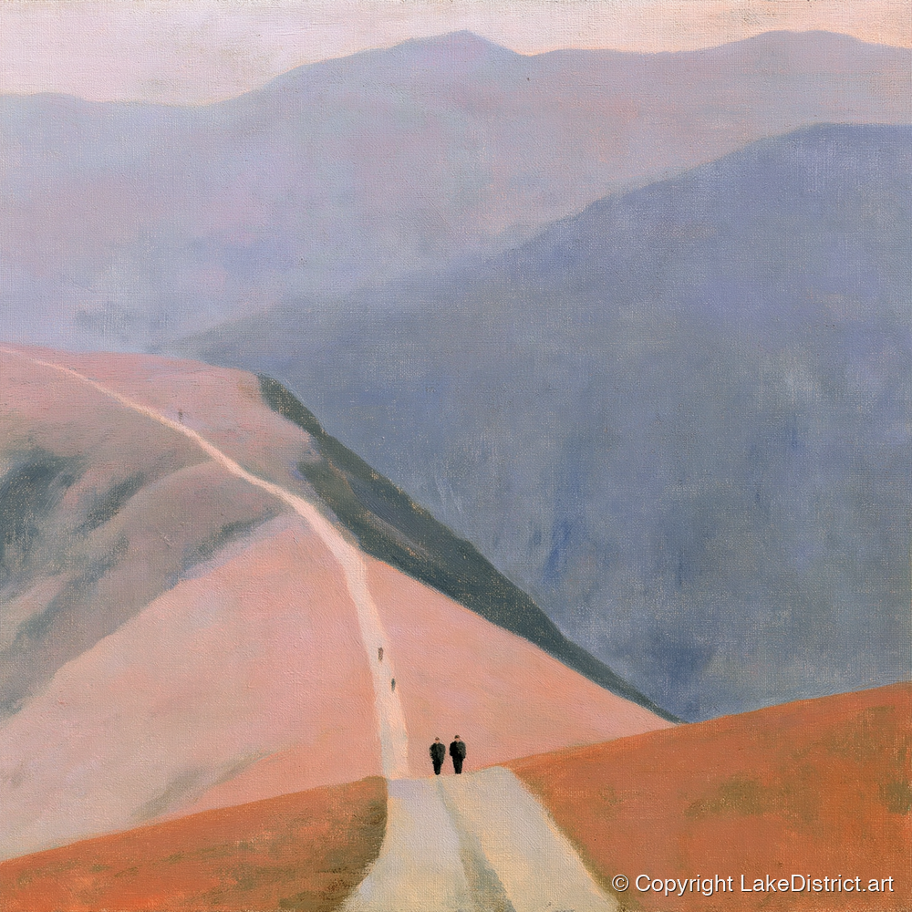 Walkers on a Pastel Mountain Path - lake district walking art print and canvas by Alistair Thorne A.I