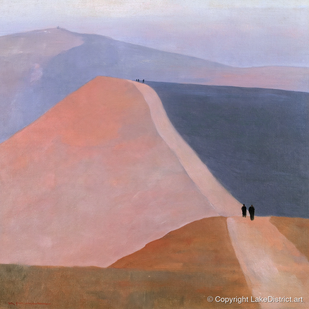 Walkers on a Pastel Mountain Ridge - lake district walking art print and canvas by Alistair Thorne A.I