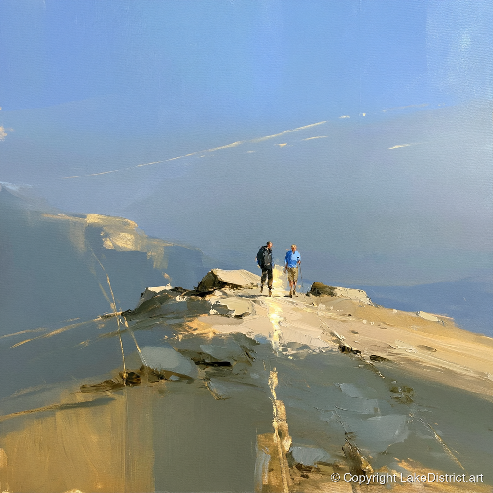 Walkers on a Sunlit Ridge - lake district walking art print and canvas by Elias Thorne A.I