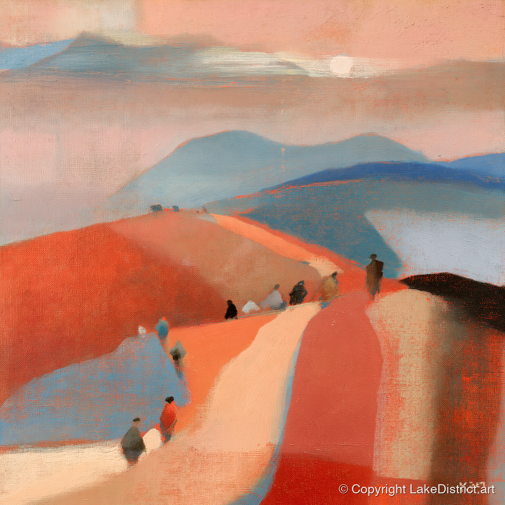 Walkers on a Sunset Mountain Path - lake district walking art print and canvas by Arthur Pendelton A.I