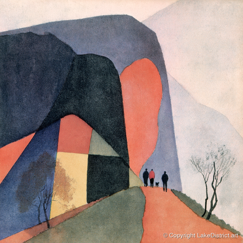 Walkers on a Terracotta Fell Path - lake district walking art print and canvas by Edwin Locke A.I