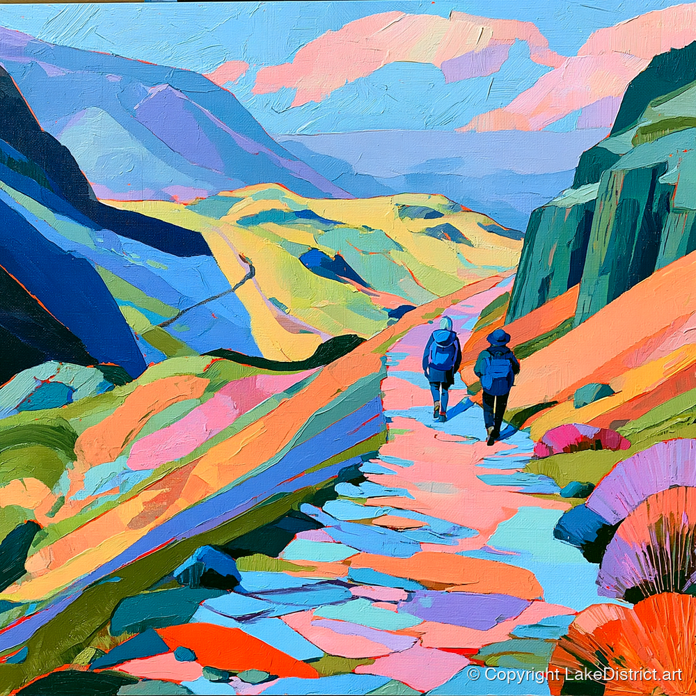 Walkers on a Vibrant Fell Path - lake district walking art print and canvas by Sylvia Carmichael A.I
