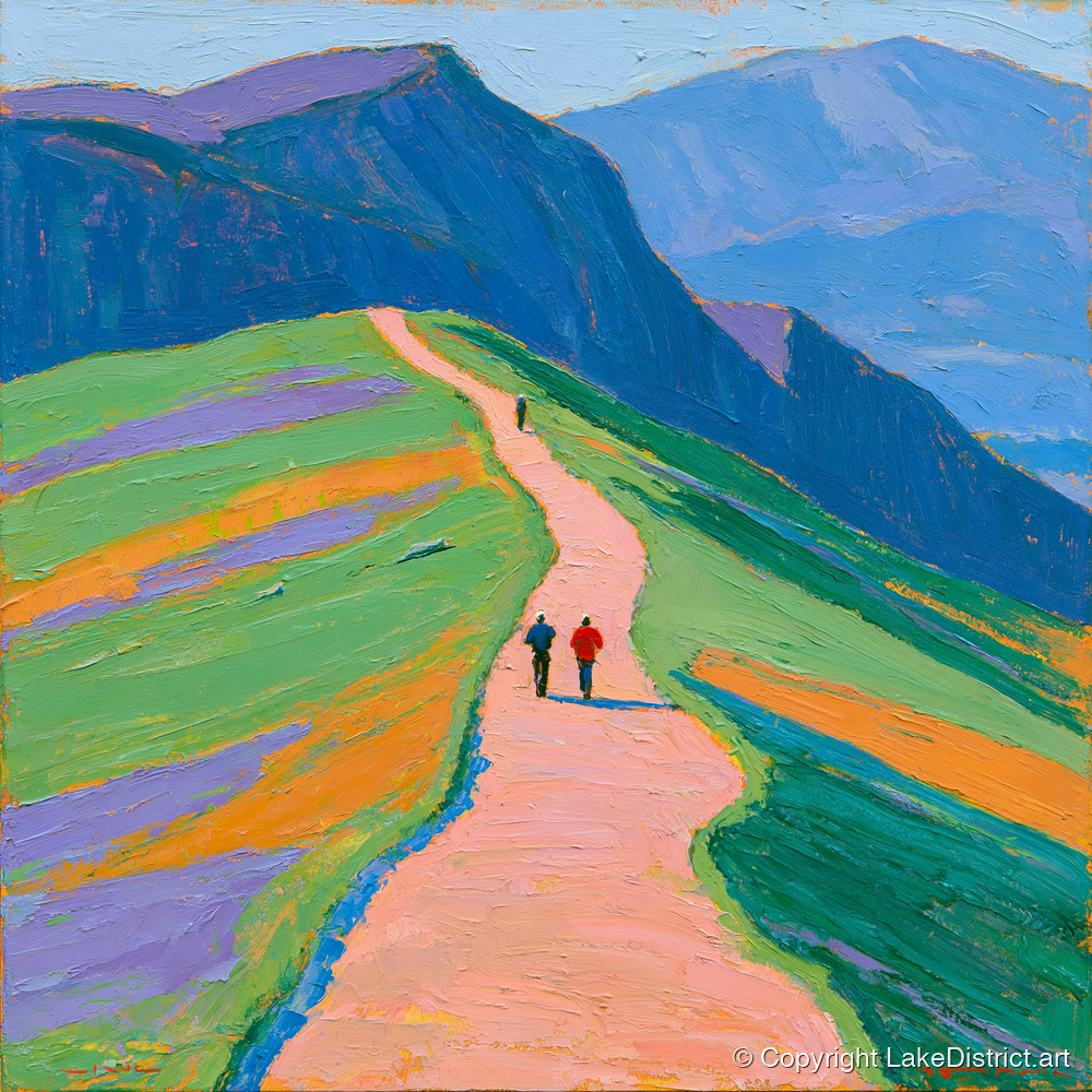 Walkers on a Vibrant Mountain Path - lake district walking art print and canvas by Marshall Davies A.I