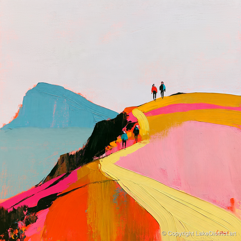 Walkers on a Vibrant Ridge - lake district walking art print and canvas by Genevieve Moore A.I