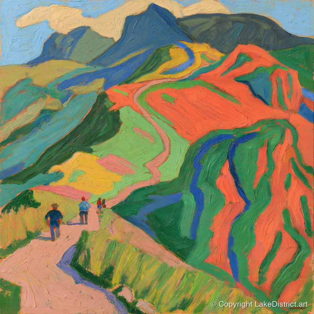 Walkers on a Vivid Fell Path - lake district walking art print and canvas by Mirabel Carlyle A.I